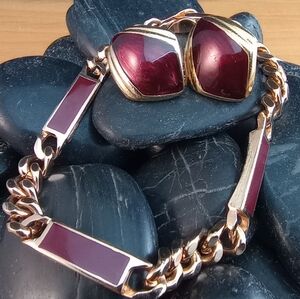 Burgundy Enamel Lot Avon Trazarra Wristchain 7.5" & Kite style Earrings